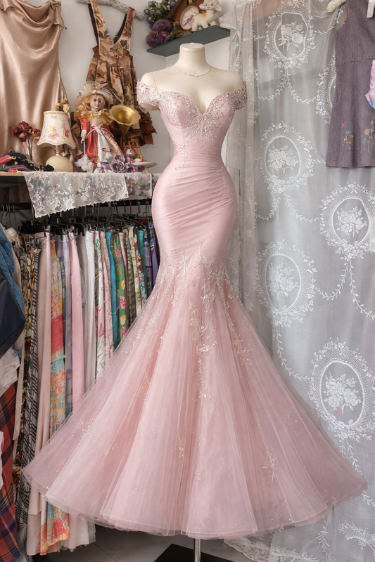 Elegant Pink Prom Dress Off-shoulder Beaded Tulle Mermaid Evening Dress EP07343