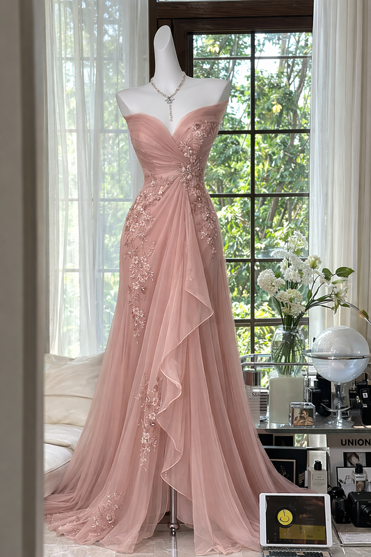 Elegant Peach Prom Dress Chiffon Beaded Sheath Sweetheart Evening Dress EP07344