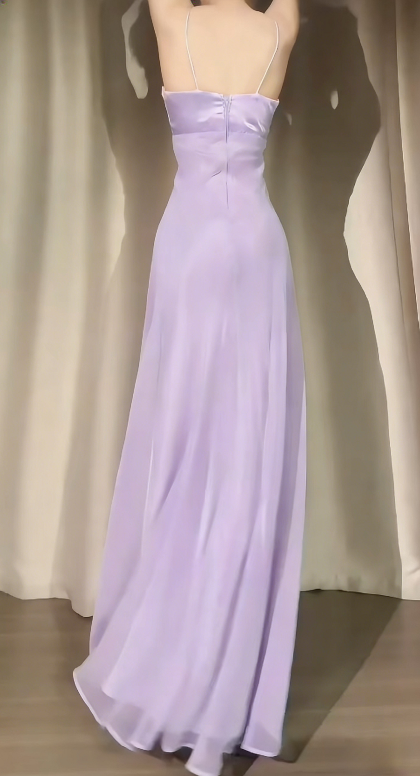 Classy Light Purple Prom Dress Satin Sheath Spaghtti Straps Long Evening Dress EP07390