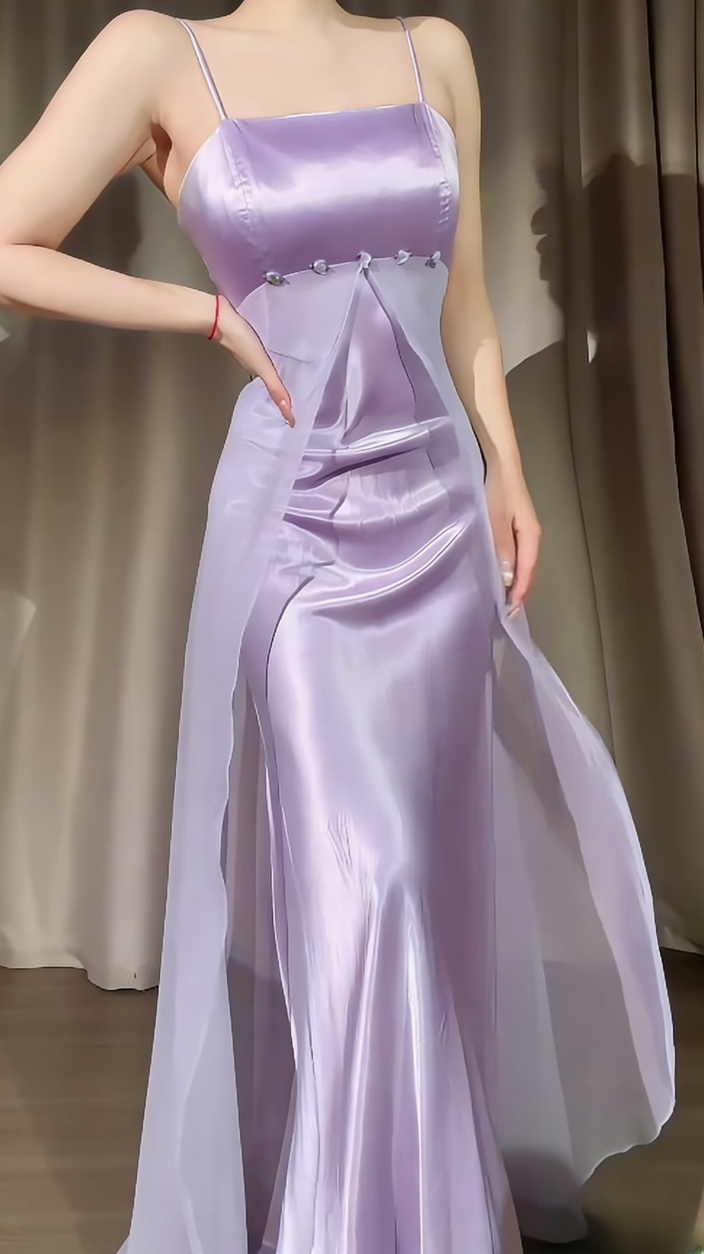 Classy Light Purple Prom Dress Satin Sheath Spaghtti Straps Long Evening Dress EP07390
