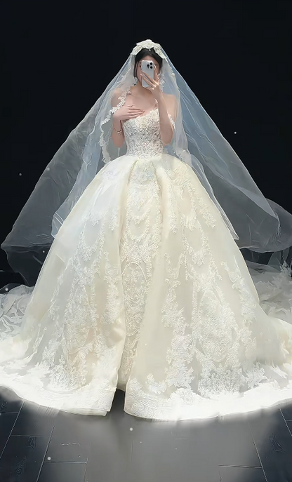 Elegant White Wedding Dress Long Lace Appliques Strapless Bridal Dress A-Line Sleeveless Bridal Gown EP07392