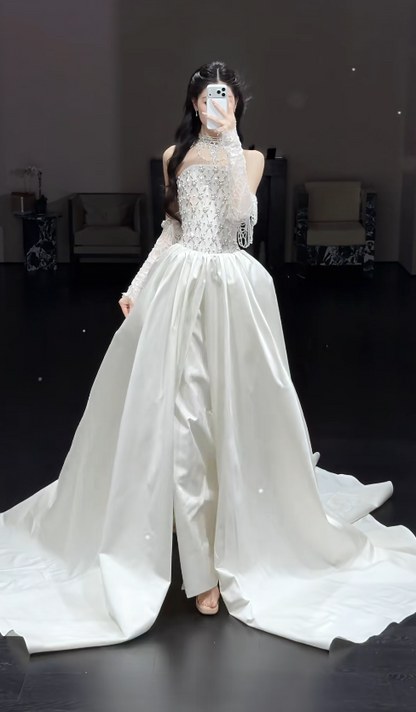 EElegant White Wedding Dress Long Satin Strapless Bridal Dress Sheath Sleeveless Bridal Gown EP07394