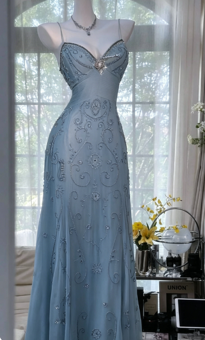 Magnifique robe de bal vert foncé, bretelles spaghetti, robe de soirée trapèze en tulle perlée, robes de soirée dos nu EP07890