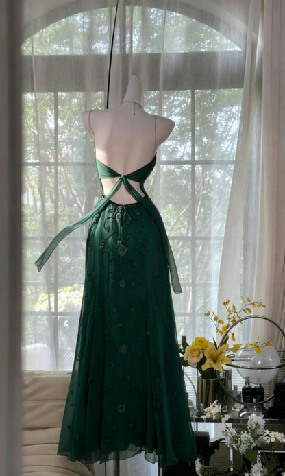 Magnifique robe de bal vert foncé, bretelles spaghetti, robe de soirée trapèze en tulle perlée, robes de soirée dos nu EP07890