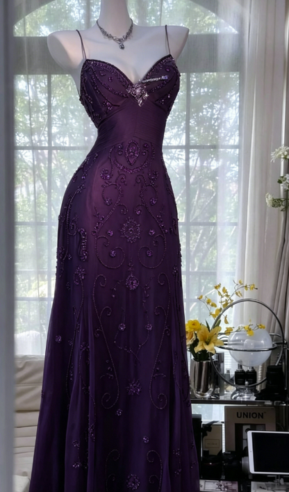 Magnifique robe de bal vert foncé, bretelles spaghetti, robe de soirée trapèze en tulle perlée, robes de soirée dos nu EP07890