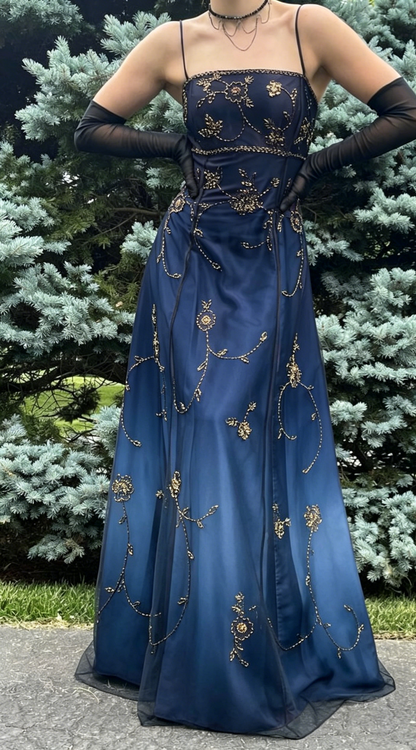 Vintage Gradient Navy Blue Prom Dresses Empire Backless Formal Dress Romantic Beaded Evening Dresses EP08100