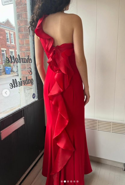 Robe de soirée élégante pour invitée de mariage, fourreau asymétrique, en satin, longue robe de cérémonie bordeaux EP08111