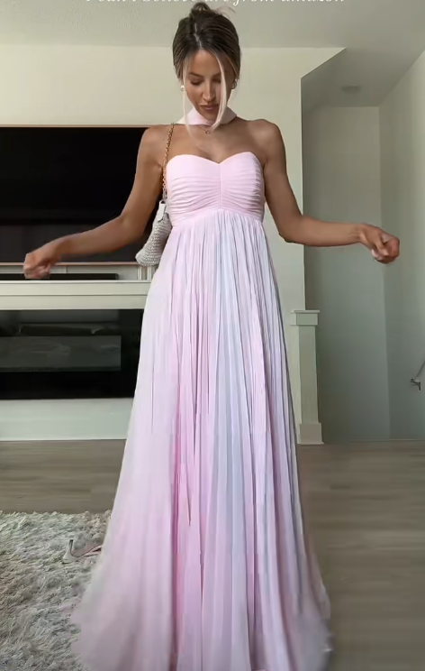Elegant Light Pink Wedding Guest Dress Strapless Sheath Chiffon Evening Dress Long Formal Dress EP08114