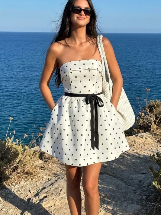 Chic White Cocktail Dress Sheath Strapless Polka Dot Party Dress Satin Birthday Dress EP08619