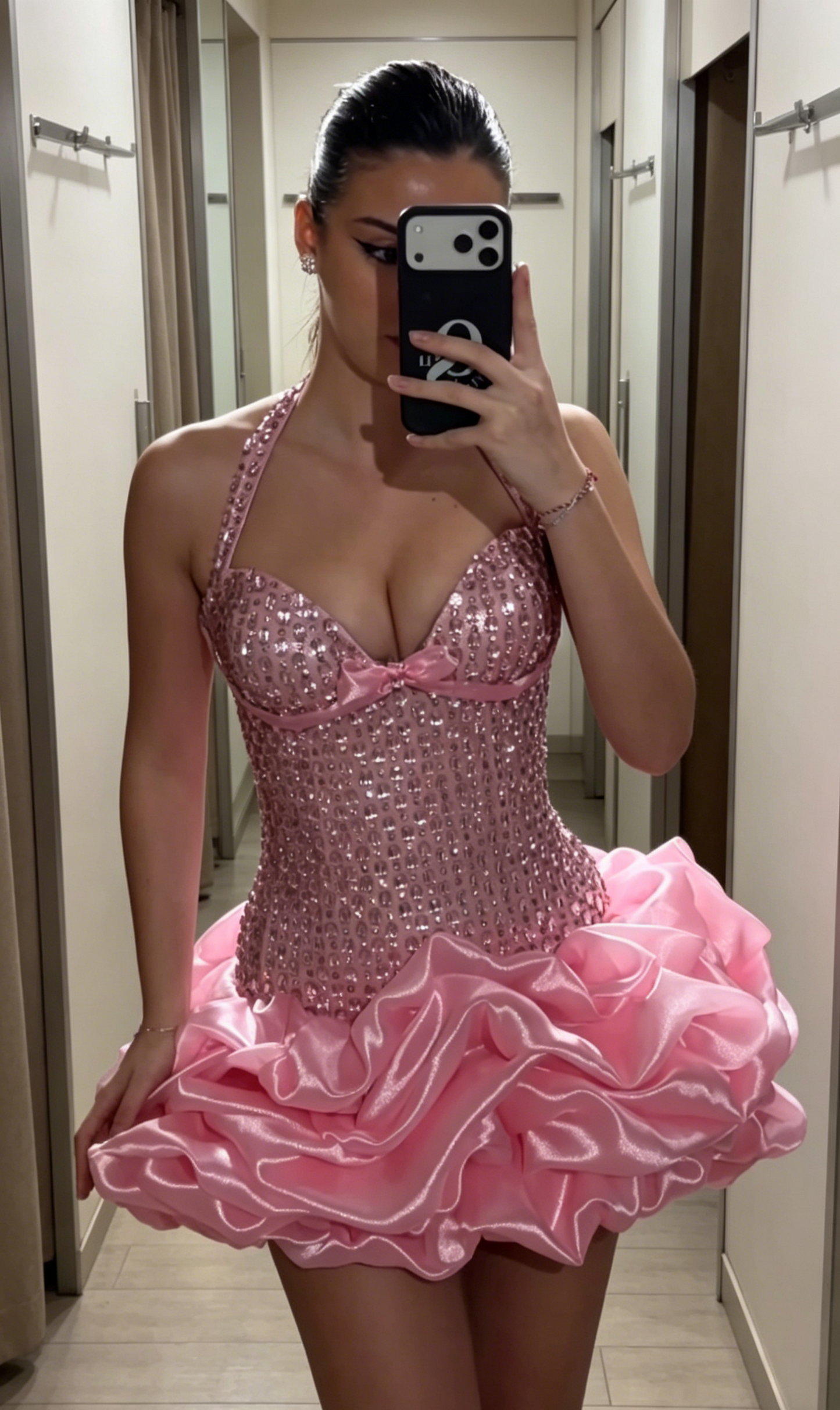 Gorgeous Pink Short Prom Dress Halter A-Line Party Dress Tulle Rhinstones Birthday Dress EP08621