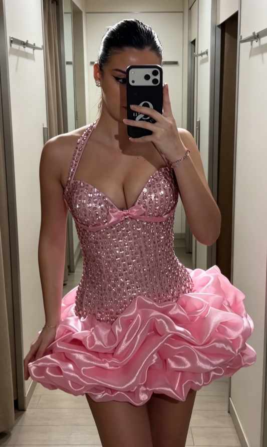Wunderschönes kurzes rosa Ballkleid Neckholder A-Linie Partykleid Tüll Strasssteine Geburtstagskleid EP08621