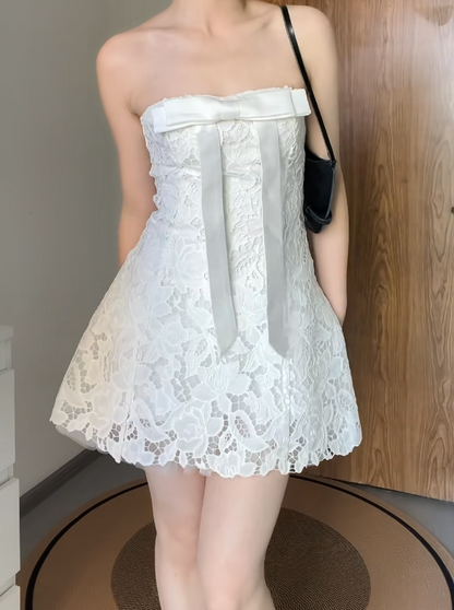 Gorgeous White Cocktail Dress Strapless A-Line Party Dress Lace Sleeveless Birthday Dress EP08622