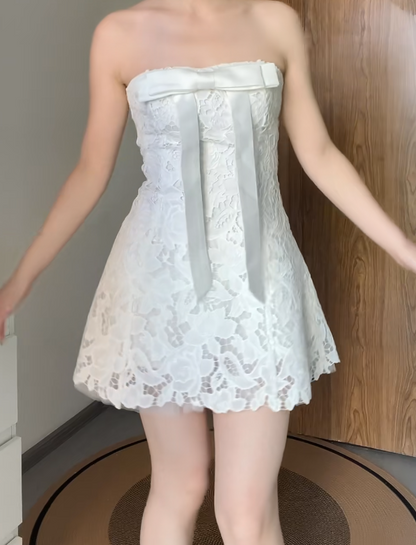 Gorgeous White Cocktail Dress Strapless A-Line Party Dress Lace Sleeveless Birthday Dress EP08622