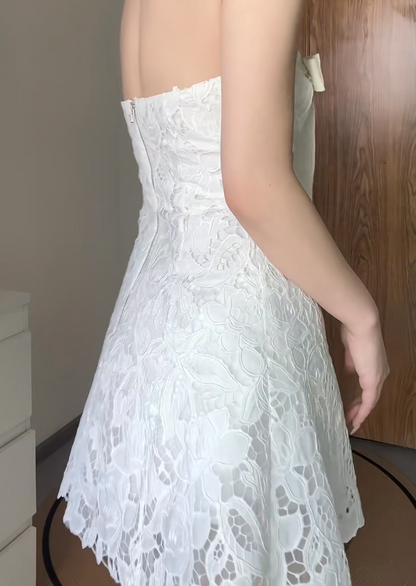 Gorgeous White Cocktail Dress Strapless A-Line Party Dress Lace Sleeveless Birthday Dress EP08622