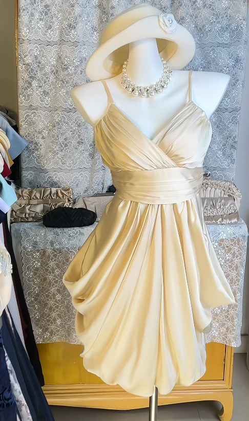 Gorgeous Champagne Cocktail Dress Spaghetti Straps A-Line Party Dress Satin Birthday Dress EP08623
