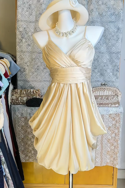 Magnifique Robe de Cocktail Champagne Bretelles Fines Coupe A-Line Robe de Soirée Satin Anniversaire EP08623