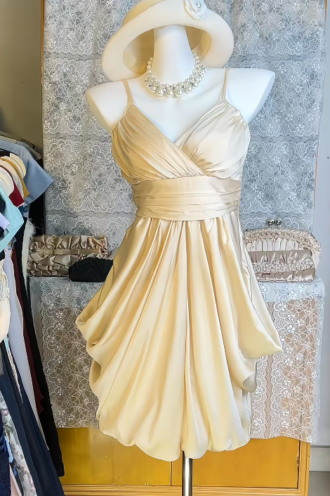 Gorgeous Champagne Cocktail Dress Spaghetti Straps A-Line Party Dress Satin Birthday Dress EP08623