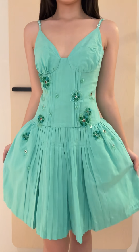 Cute Green Cocktail Dress Spaghetti Straps A-Line Beaded Party Dress Spandex Birthday Dress EP08624