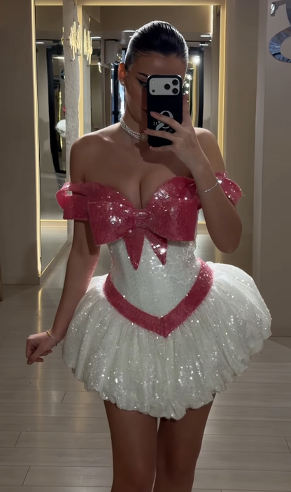 Robe de bal courte rose mignonne, épaules dénudées, coupe trapèze, robe de soirée à sequins EP08625