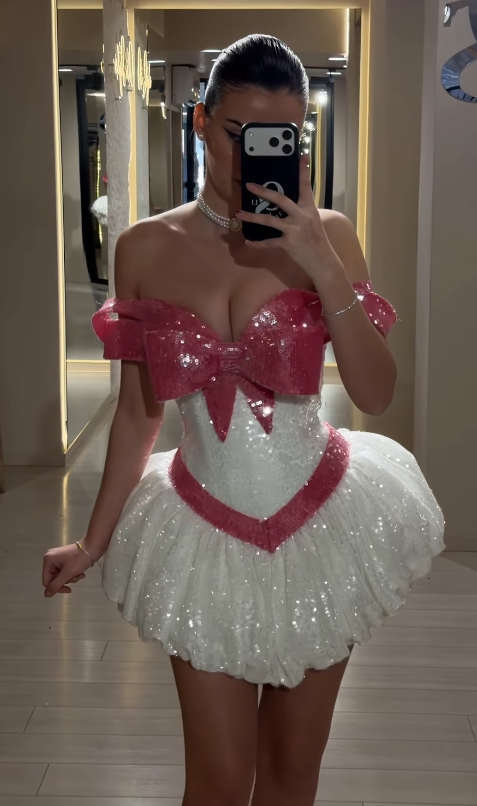 Süßes rosa kurzes Ballkleid schulterfreies A-Linien-Partykleid Pailletten Abendkleid EP08625