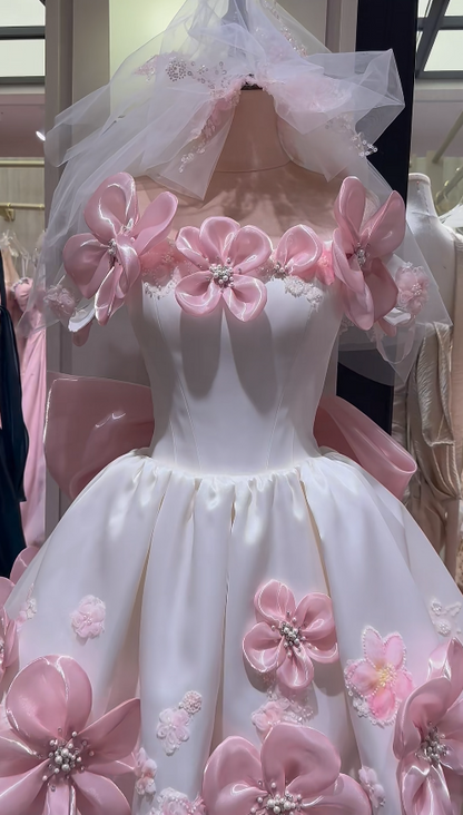 Cute Pink Short Prom Dress Strapless A-Line Cocktail Dress Appliques Satin Formal Dress EP08626
