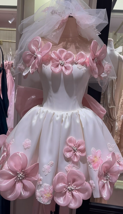 Cute Pink Short Prom Dress Strapless A-Line Cocktail Dress Appliques Satin Formal Dress EP08626