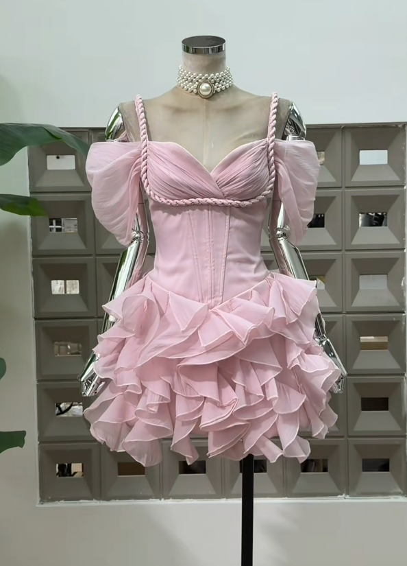 Cute Straps Sheath Cocktail Dress Tulle Homecoming Dress Pink Birthday Dress EP08632