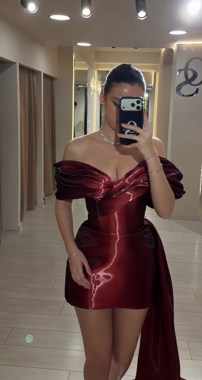 Robe de soirée chic bordeaux, fourreau, épaules dénudées, en satin, courte, robe de cérémonie EP08633