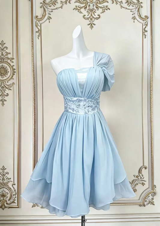 Chic One-shoulder A-Line Cocktail Dress Chiffon Homecoming Dress Blue Birthday Dress EP08635
