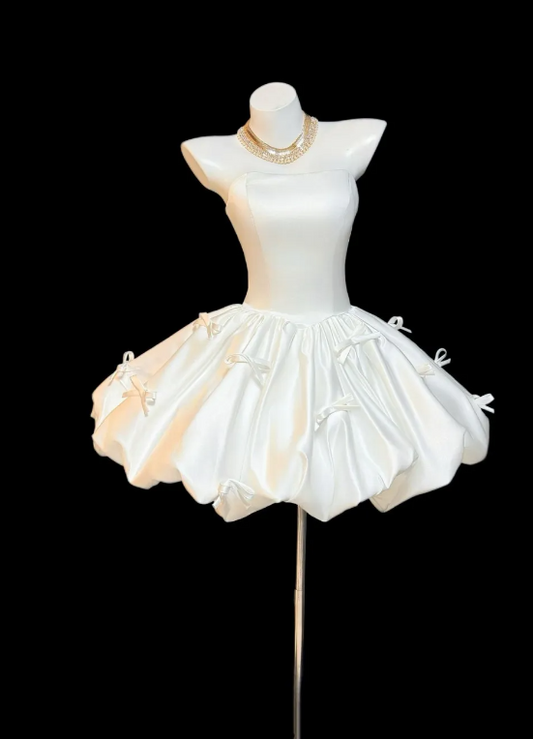 Chic Strapless A-Line Cocktail Dress Satin Homecoming Dress White Birthday Dress  EP08636