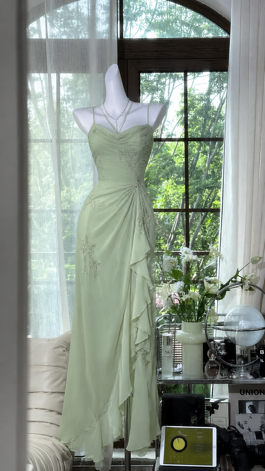 Chic Mint Green Evening Dress Spaghetti Straps Sheath Beaded Chiffon Prom Dress EP08713