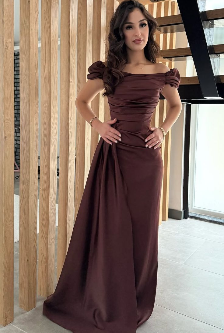 Elegant Brown Wedding Guest Dress Off-shoulder Sheath Satin Evening Dr EvaFashionDress Elegant Brown Wedding Guest Dress Off-shoulder Sheath Satin Evening Dr EvaFashionDress