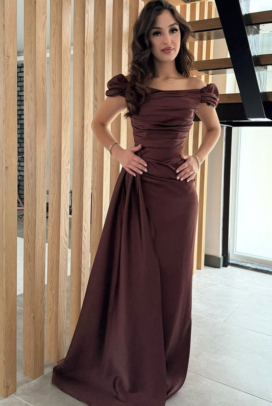 Elegant Brown Wedding Guest Dress Off-shoulder Sheath Satin Evening Dress Long Formal Dress EP08115