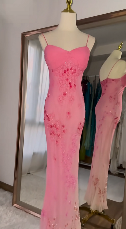 Vintage Pink Prom Dress Sheath Chiffon Evening Dress Beaded Spaghetti Straps Beaded Formal Dress EP09027