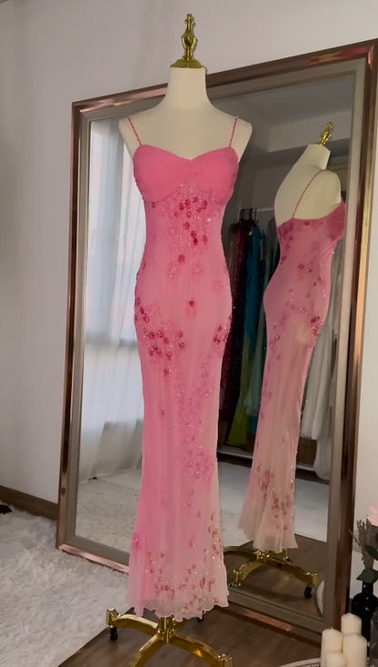 Vintage Pink Prom Dress Sheath Chiffon Evening Dress Beaded Spaghetti Straps Beaded Formal Dress EP09027