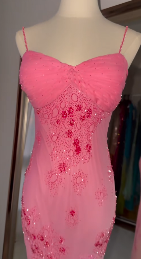 Vintage Pink Prom Dress Sheath Chiffon Evening Dress Beaded Spaghetti Straps Beaded Formal Dress EP09027