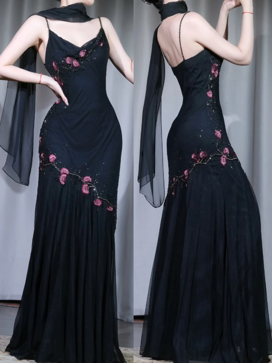 Robe de bal vintage noire, fourreau, en mousseline de soie, bretelles spaghetti, perles, robe de soirée formelle EP09028