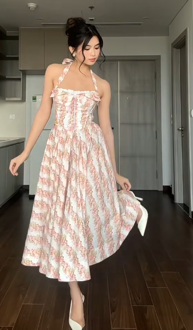 Chic Halter Neck A-line Formal Dresses Floral Birthday Dresses EP4047