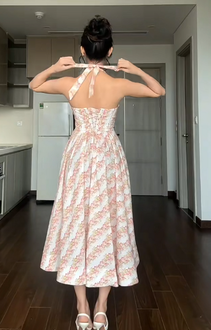 Chic Halter Neck A-line Formal Dresses Floral Birthday Dresses EP4047
