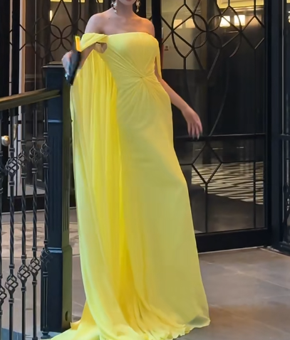 Chic Off-the-shoulder Sheath Long Prom Dresses Yellow Formal Evening Gowns EP4048