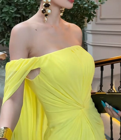 Chic Off-the-shoulder Sheath Long Prom Dresses Yellow Formal Evening Gowns EP4048