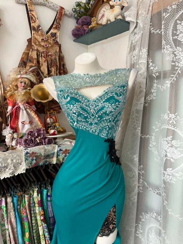 Retro Sheath Light Teal Long Prom Dresses Chiffon Light Teal Evening Dresses with Slits EP5173