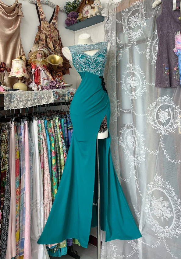 Retro Sheath Light Teal Long Prom Dresses Chiffon Light Teal Evening Dresses with Slits EP5173