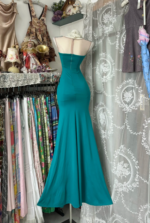 Retro Sheath Light Teal Long Prom Dresses Chiffon Light Teal Evening Dresses with Slits EP5173