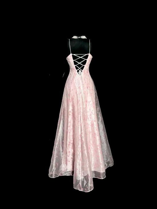 Fairy Spaghetti Straps A-Line Pink Long Prom Dresses Tulle Beaded Pink Birthday Dresses EP5183