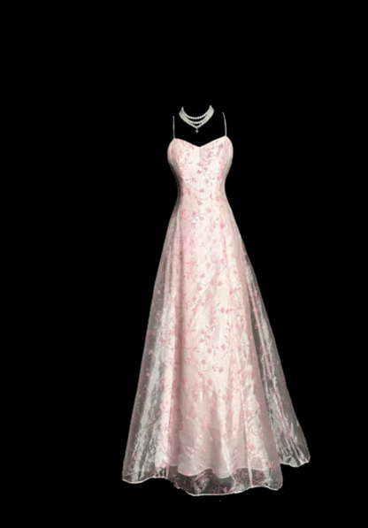 Fairy Spaghetti Straps A-Line Pink Long Prom Dresses Tulle Beaded Pink Birthday Dresses EP5183