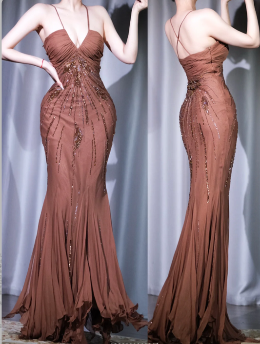 Elegant Halter Mermaid  Brown Long Prom Dresses Chiffon Baeded Brown Evening DressesEP5187