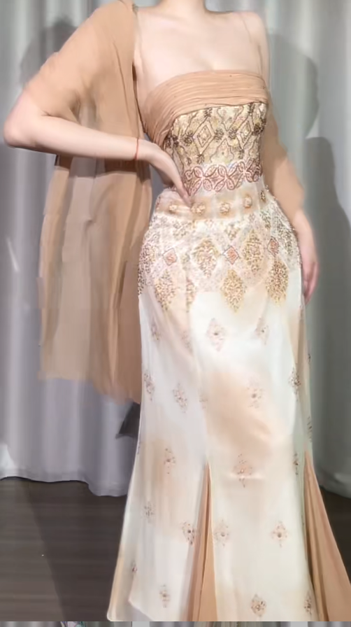 Elegant Sapghetti Straps Mermaid Champagne Long Prom Dresses Satin Baeded Champagne Evening Dresses EP5188