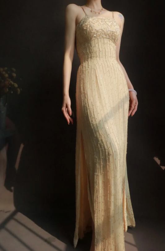 Elegant Sapghetti Straps Sheath Long Prom Dresses Chiffon Baeded Sleeveless Evening Dresses EP5189