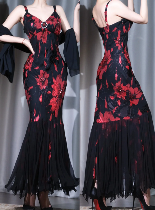 Vintage Sapghetti Straps Mermaid Black Long Prom Dresses Chiffon Floral Black Evening Dresses EP5190